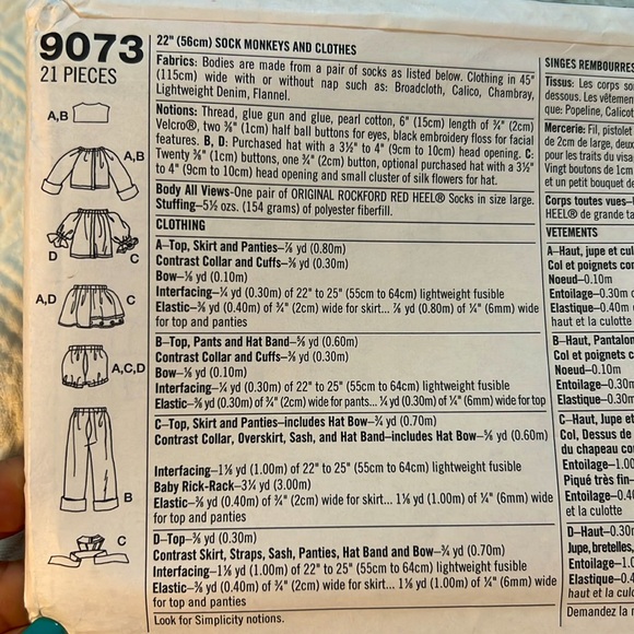 Simplicity 9073 Crafts Sock Monkeys and Clothes Pattern Uncut 1999 - Picture 7 of 9